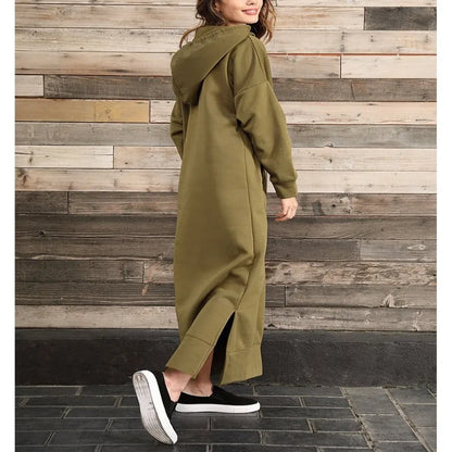 Women's Hoodie Midi Dress – Lace-Up Hem Hooded Sweatshirt Dress – Casual Loose Long Dress for Autumn & Winter