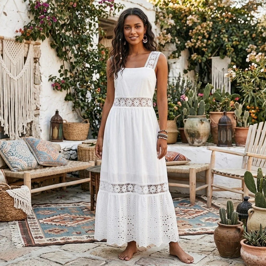 Backless Lace Cotton Women Fashion Sleeveless Bohemian White Dress Ladies Sexy Hollow Out Boho Maxi Sundress Robe