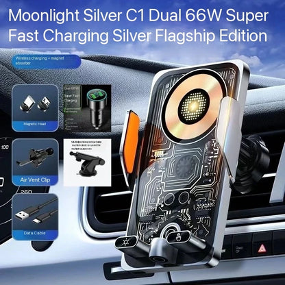 Wireless Car Phone Holder with 66W Fast Charging – Auto-Clamping, Dashboard & Vent Mount
