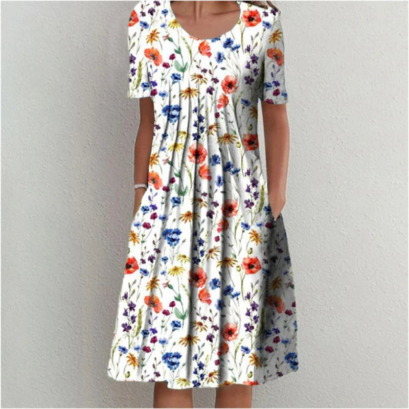 2024 Spring/Summer Women's Elegant Large Swing Skirt With Round Neck Printed Short Sleeved Dress