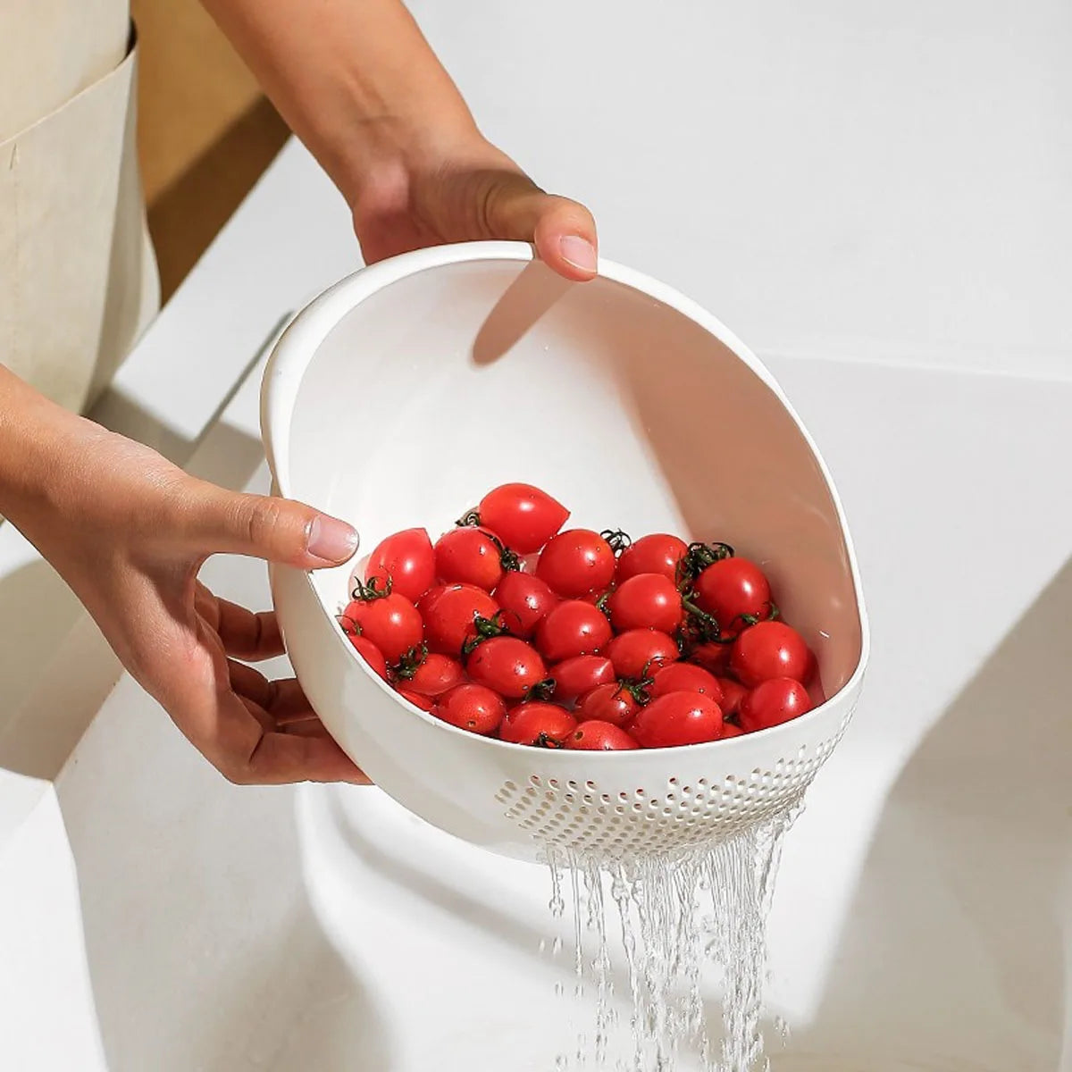 Kitchen Drain Basket Colander with Handle – Double-Layer Rice Washing Bowl, Fruit & Vegetable Strainer