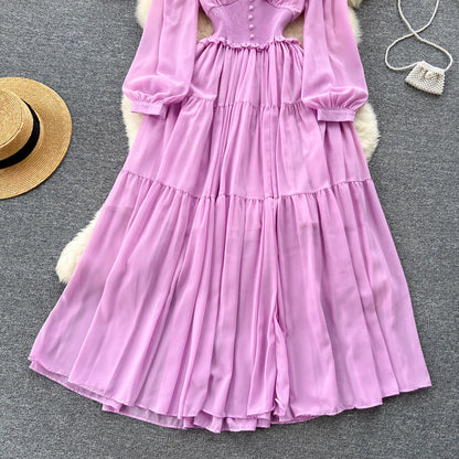 Vintage Chiffon Long Dress Women Elegant V-neck Long Sleeved Casual Dresses French Pleated Slim A-line Long Robe Vestidos