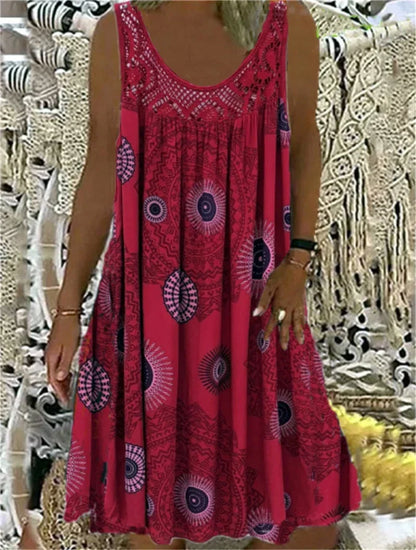 Women’s Sleeveless Boho Print Dress – A-Line Pleated Hem Lace Splice Knee-Length Summer Dress – Casual, Holiday & Beach – Sizes S–XXXL