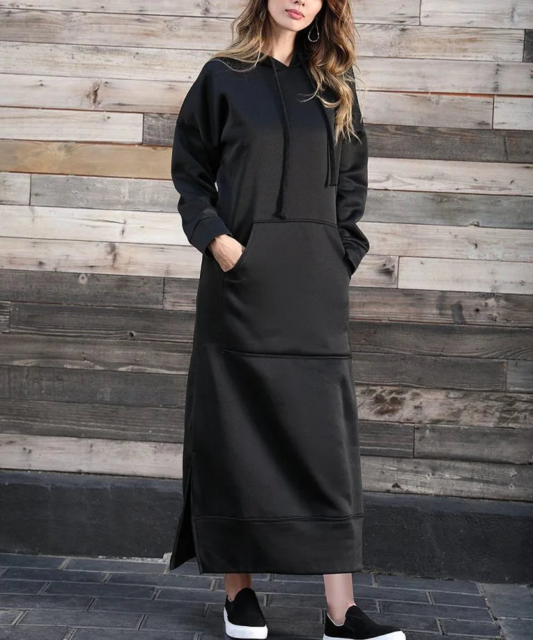 Women's Hoodie Midi Dress – Lace-Up Hem Hooded Sweatshirt Dress – Casual Loose Long Dress for Autumn & Winter