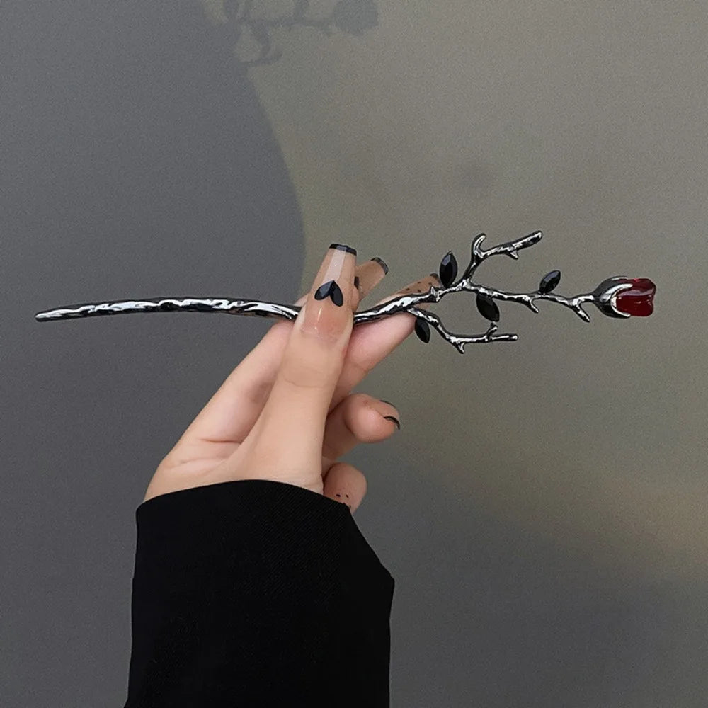 Rose Flower Crystal Hair Stick – Vintage Chinese Alloy Hairpin for Women, Black & Red