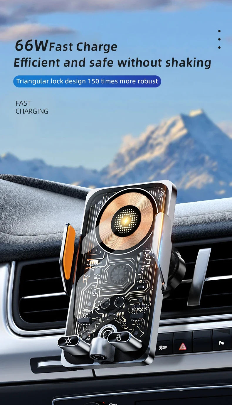 Wireless Car Phone Holder with 66W Fast Charging – Auto-Clamping, Dashboard & Vent Mount