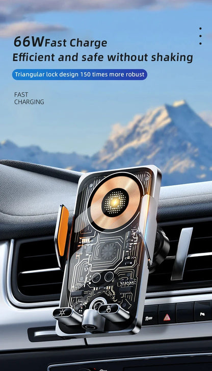 Wireless Car Phone Holder with 66W Fast Charging – Auto-Clamping, Dashboard & Vent Mount