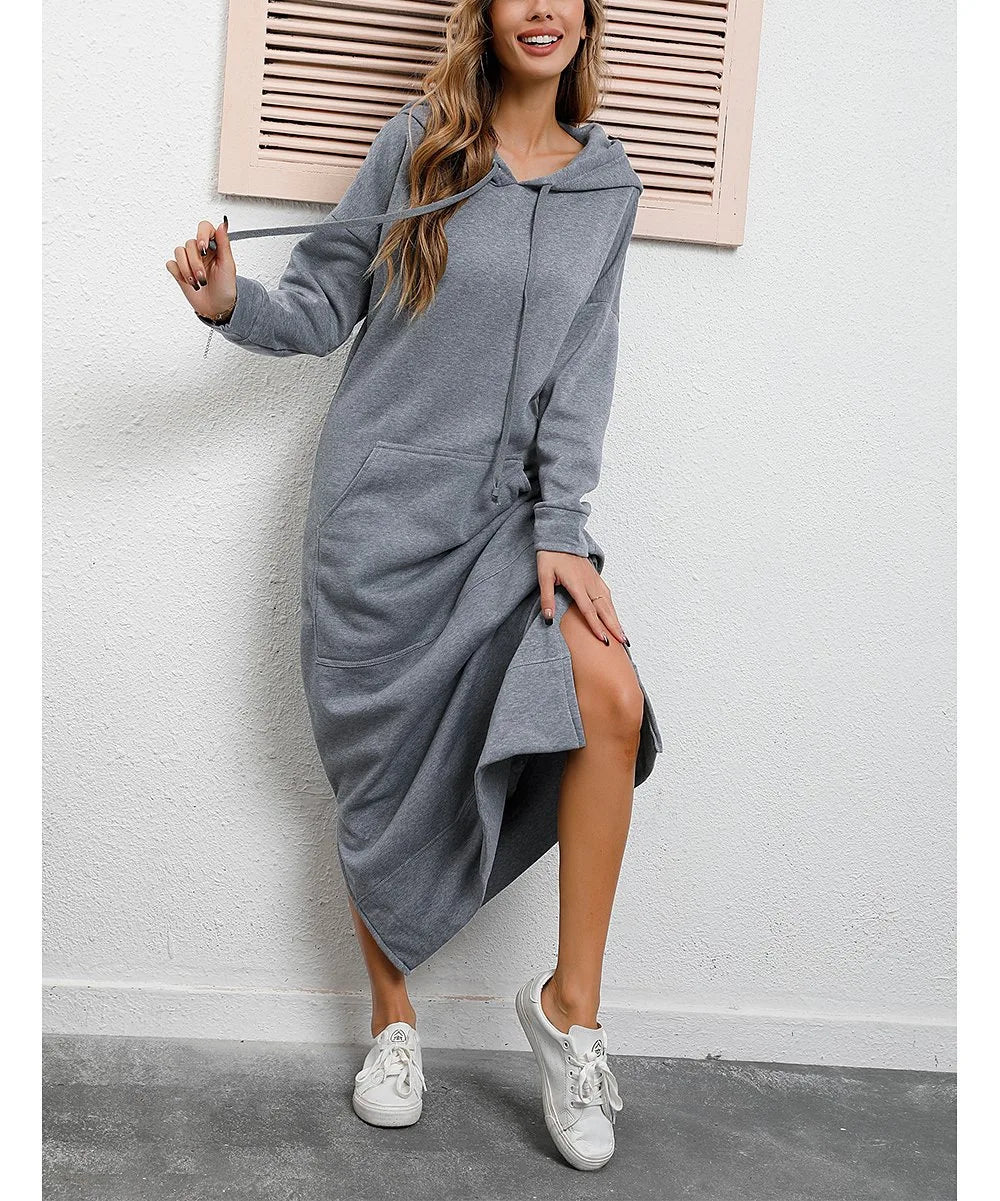 Women's Hoodie Midi Dress – Lace-Up Hem Hooded Sweatshirt Dress – Casual Loose Long Dress for Autumn & Winter