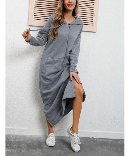Women's Hoodie Midi Dress – Lace-Up Hem Hooded Sweatshirt Dress – Casual Loose Long Dress for Autumn & Winter