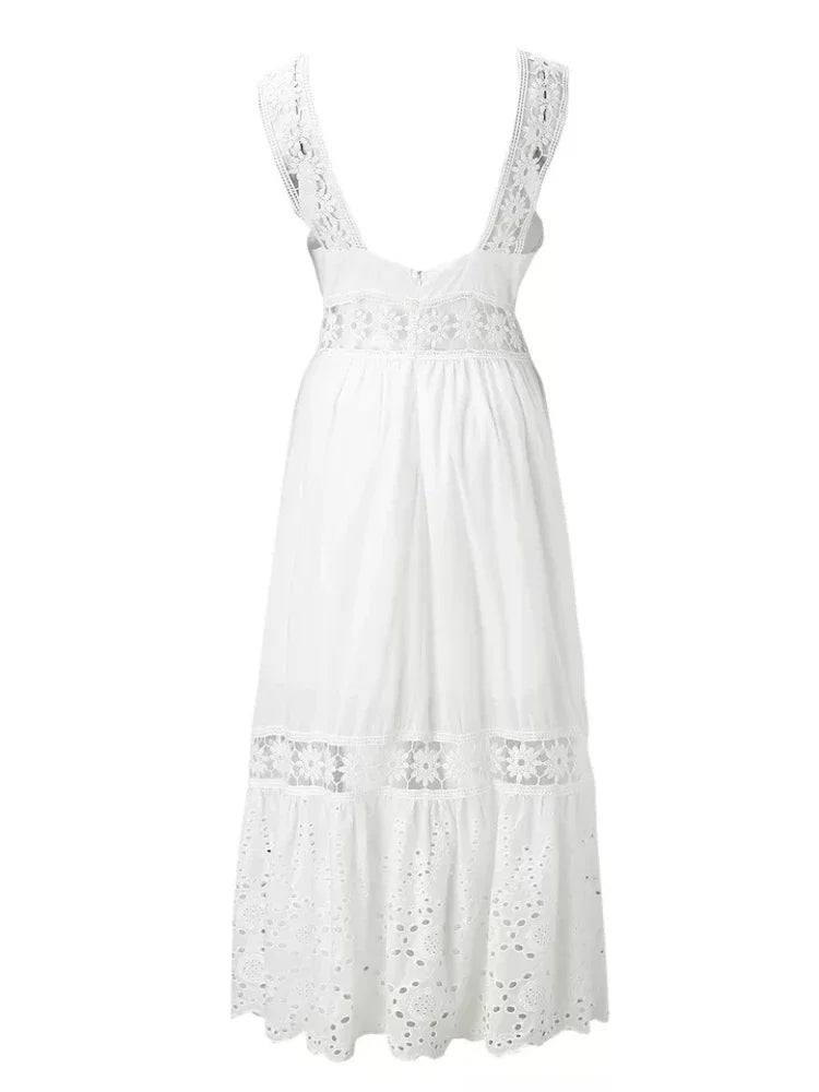 Backless Lace Cotton Women Fashion Sleeveless Bohemian White Dress Ladies Sexy Hollow Out Boho Maxi Sundress Robe