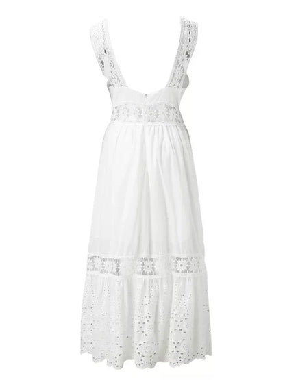 Backless Lace Cotton Women Fashion Sleeveless Bohemian White Dress Ladies Sexy Hollow Out Boho Maxi Sundress Robe