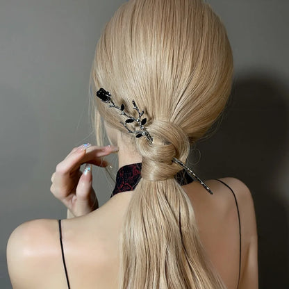 Rose Flower Crystal Hair Stick – Vintage Chinese Alloy Hairpin for Women, Black & Red