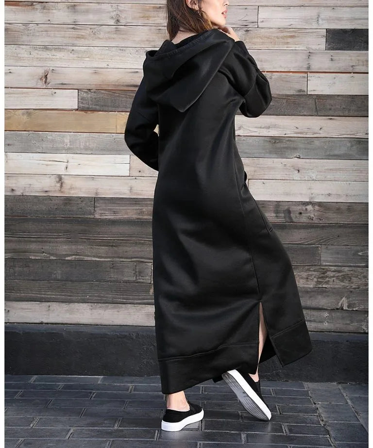 Women's Hoodie Midi Dress – Lace-Up Hem Hooded Sweatshirt Dress – Casual Loose Long Dress for Autumn & Winter