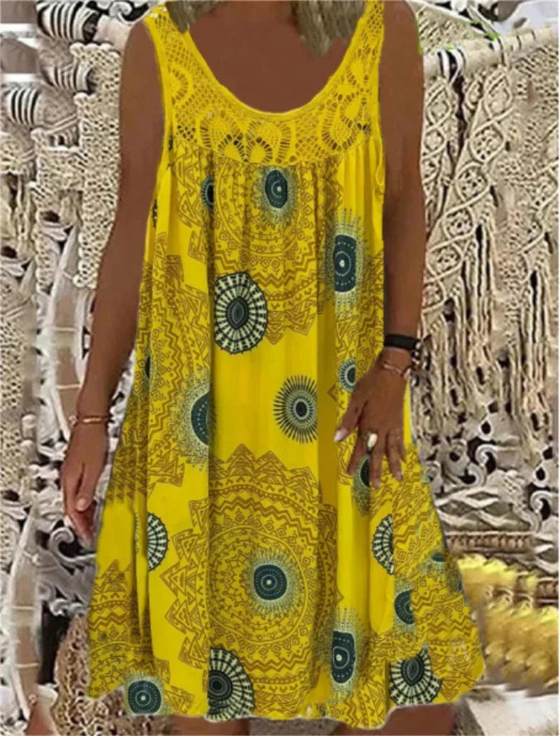 Women’s Sleeveless Boho Print Dress – A-Line Pleated Hem Lace Splice Knee-Length Summer Dress – Casual, Holiday & Beach – Sizes S–XXXL