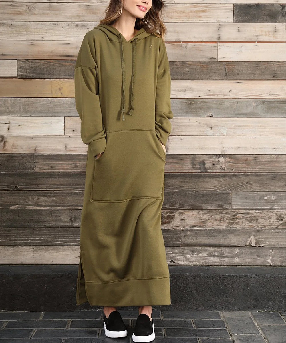 Women's Hoodie Midi Dress – Lace-Up Hem Hooded Sweatshirt Dress – Casual Loose Long Dress for Autumn & Winter