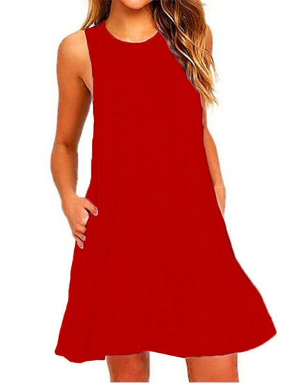 With Pocket Solid Color Sleeveless Loose Dress Women O Neck Mini Causal Dress Office Club Party Vestidos