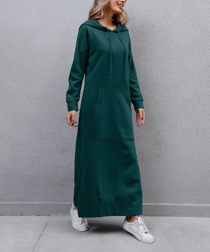 Women's Hoodie Midi Dress – Lace-Up Hem Hooded Sweatshirt Dress – Casual Loose Long Dress for Autumn & Winter
