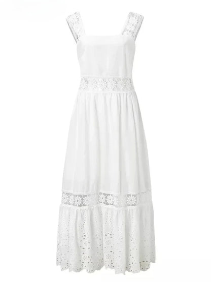 Backless Lace Cotton Women Fashion Sleeveless Bohemian White Dress Ladies Sexy Hollow Out Boho Maxi Sundress Robe