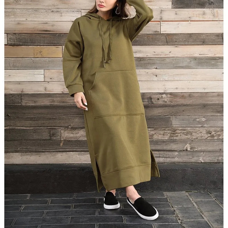 Women's Hoodie Midi Dress – Lace-Up Hem Hooded Sweatshirt Dress – Casual Loose Long Dress for Autumn & Winter
