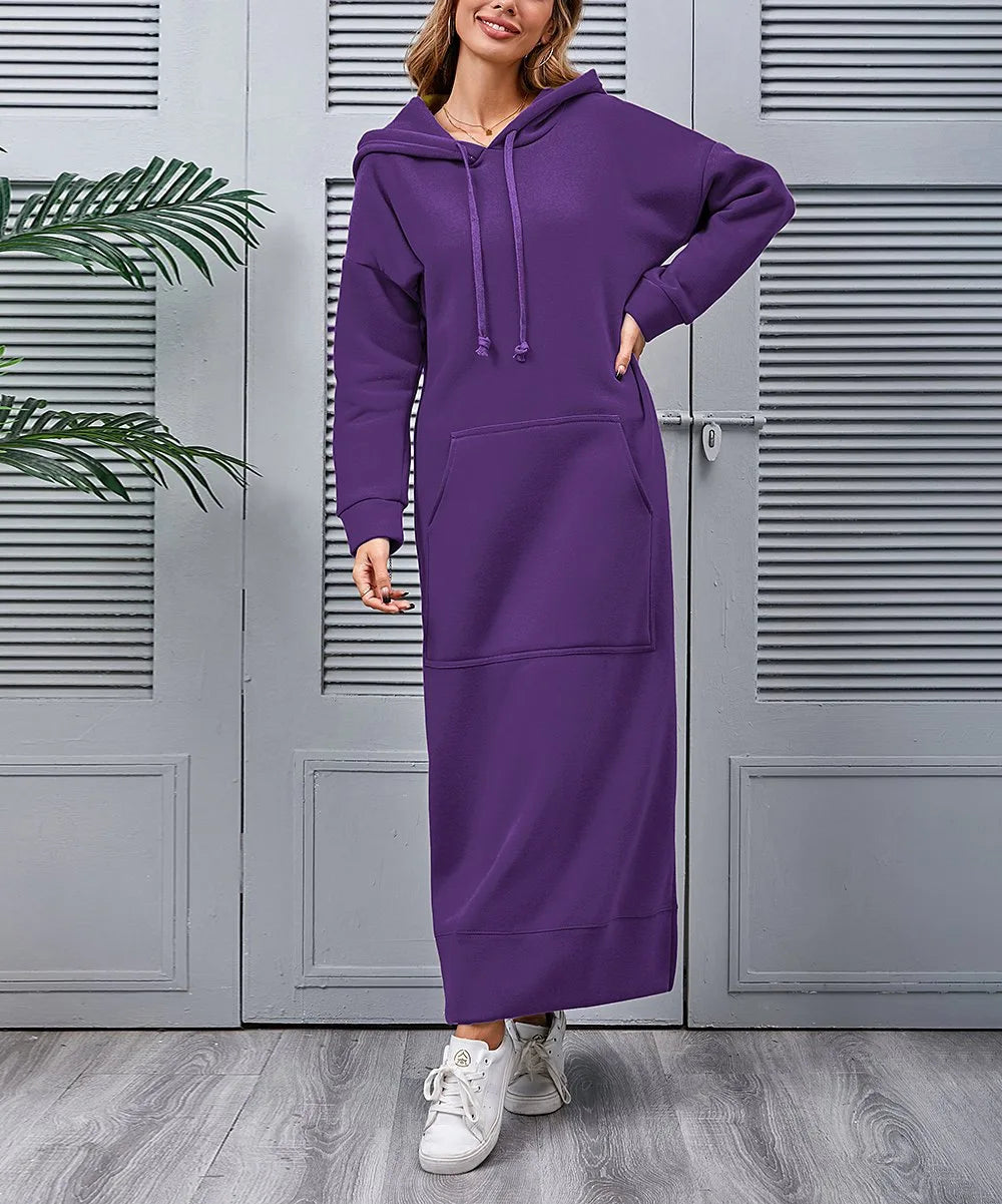 Women's Hoodie Midi Dress – Lace-Up Hem Hooded Sweatshirt Dress – Casual Loose Long Dress for Autumn & Winter