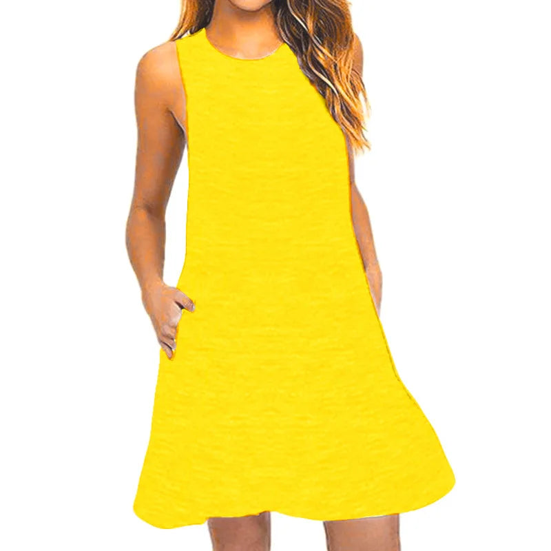 With Pocket Solid Color Sleeveless Loose Dress Women O Neck Mini Causal Dress Office Club Party Vestidos