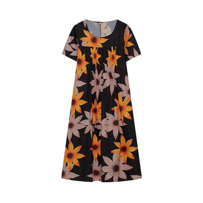 2024 Spring/Summer Women's Elegant Large Swing Skirt With Round Neck Printed Short Sleeved Dress