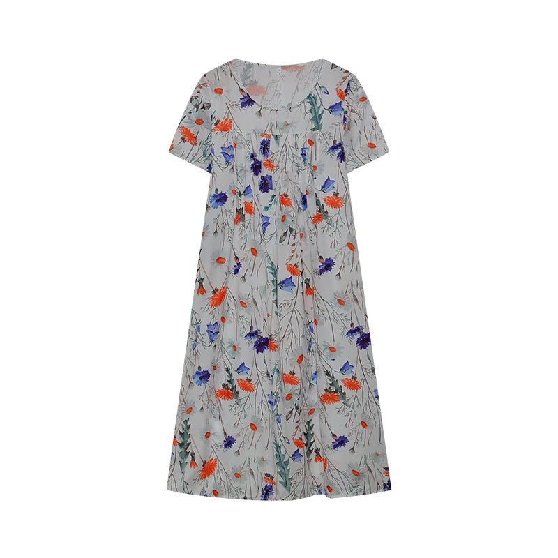 2024 Spring/Summer Women's Elegant Large Swing Skirt With Round Neck Printed Short Sleeved Dress