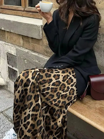 Women's Leopard Print Midi Skirt | High Waist, A-Line, Loose Fit