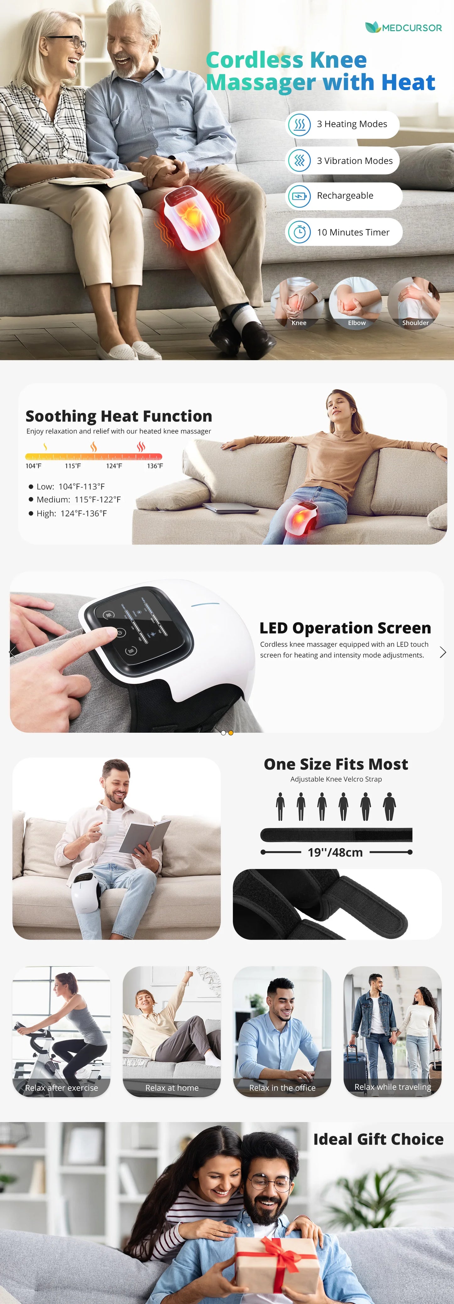 Medcursor Heated Knee Massager | 3 Heat Levels, Cordless, Vibration | Origin Zero