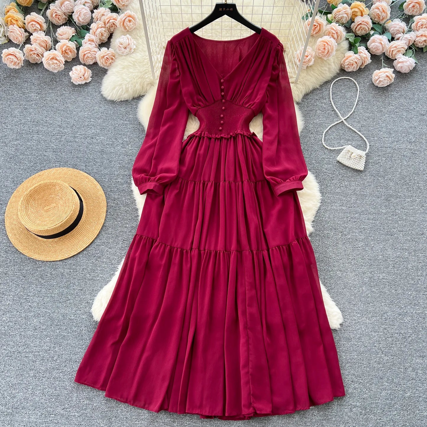 Vintage Chiffon Long Dress Women Elegant V-neck Long Sleeved Casual Dresses French Pleated Slim A-line Long Robe Vestidos