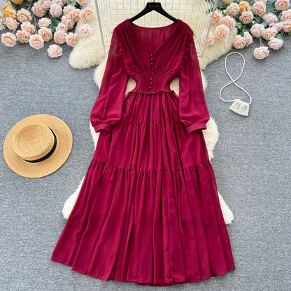 Vintage Chiffon Long Dress Women Elegant V-neck Long Sleeved Casual Dresses French Pleated Slim A-line Long Robe Vestidos