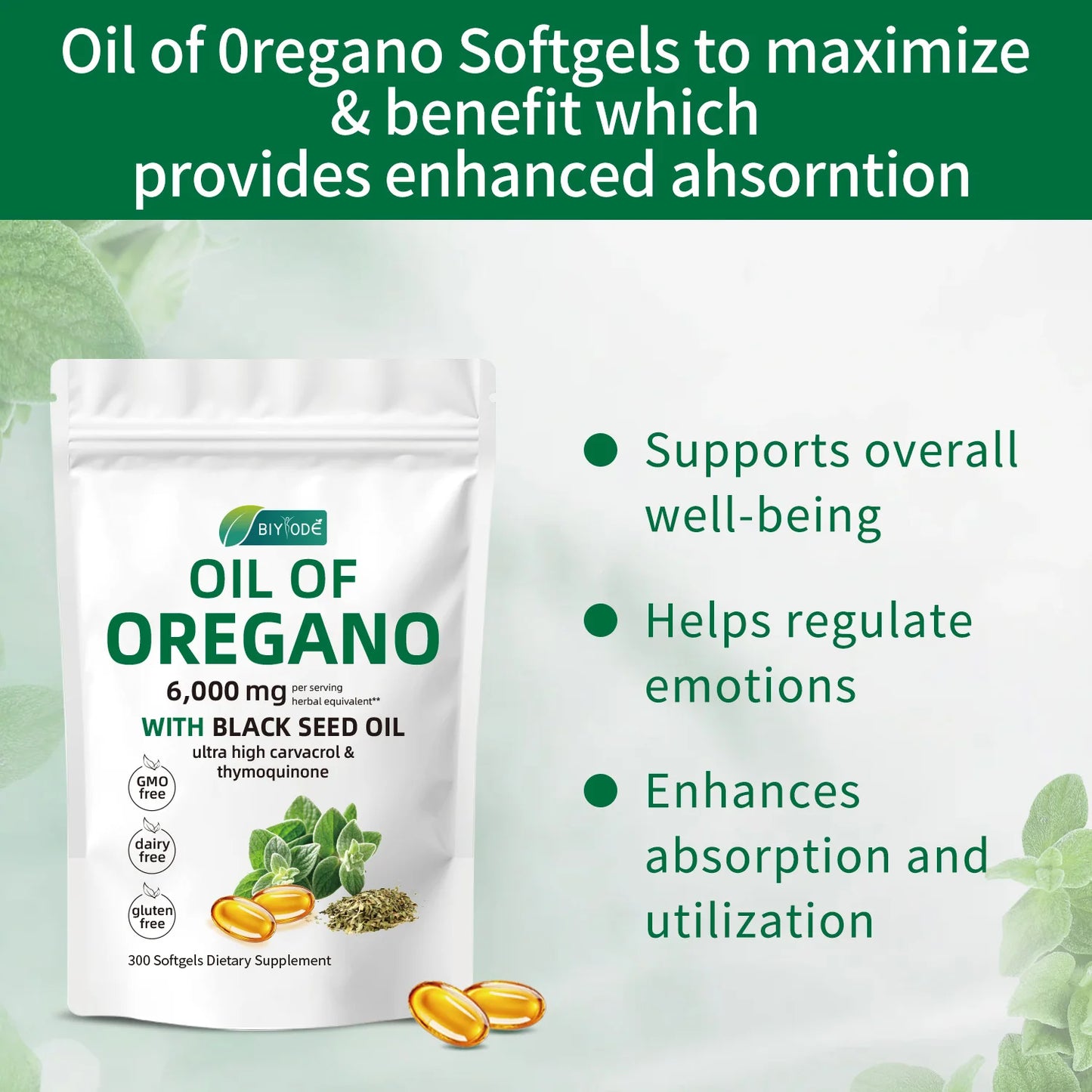 Oil of Oregano 6000mg Softgels with Black Seed Oil – Immune Support, Antioxidant & Fitness Recovery – 300 Softgels