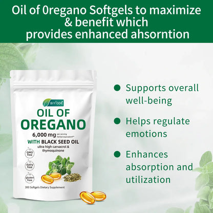 Oil of Oregano 6000mg Softgels with Black Seed Oil – Immune Support, Antioxidant & Fitness Recovery – 300 Softgels