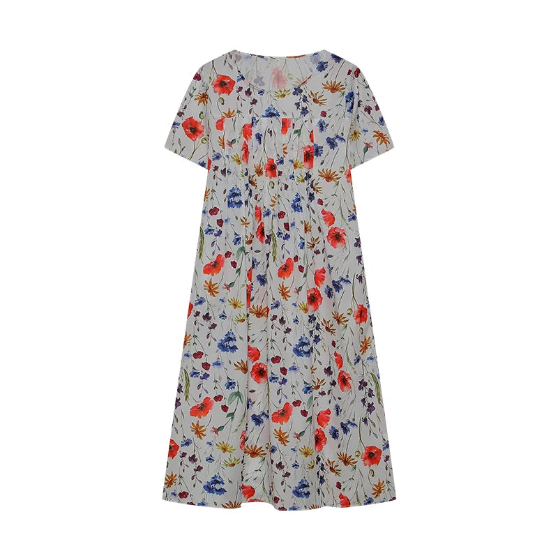 2024 Spring/Summer Women's Elegant Large Swing Skirt With Round Neck Printed Short Sleeved Dress