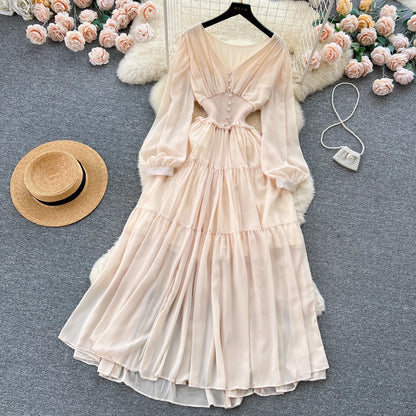 Vintage Chiffon Long Dress Women Elegant V-neck Long Sleeved Casual Dresses French Pleated Slim A-line Long Robe Vestidos