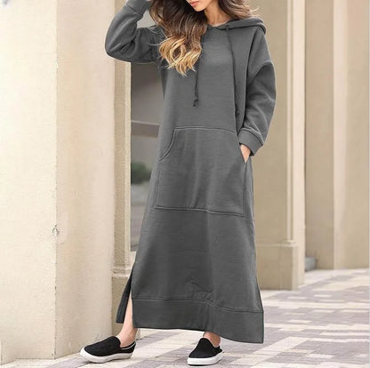 Women's Hoodie Midi Dress – Lace-Up Hem Hooded Sweatshirt Dress – Casual Loose Long Dress for Autumn & Winter