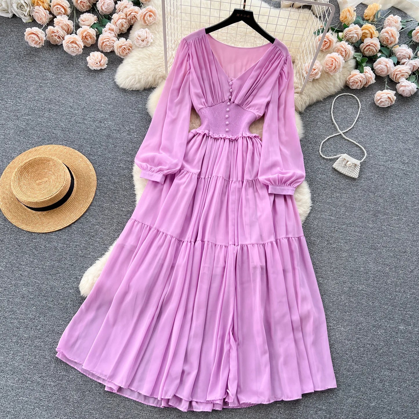 Vintage Chiffon Long Dress Women Elegant V-neck Long Sleeved Casual Dresses French Pleated Slim A-line Long Robe Vestidos