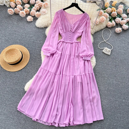 Vintage Chiffon Long Dress Women Elegant V-neck Long Sleeved Casual Dresses French Pleated Slim A-line Long Robe Vestidos