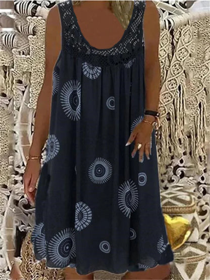 Women’s Sleeveless Boho Print Dress – A-Line Pleated Hem Lace Splice Knee-Length Summer Dress – Casual, Holiday & Beach – Sizes S–XXXL