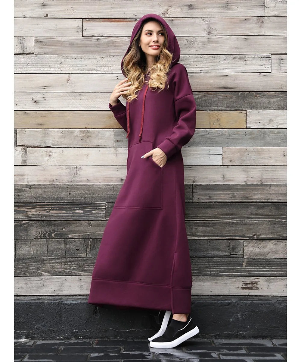 Women's Hoodie Midi Dress – Lace-Up Hem Hooded Sweatshirt Dress – Casual Loose Long Dress for Autumn & Winter