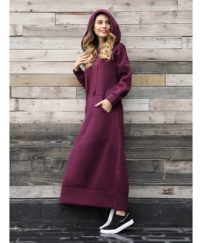 Women's Hoodie Midi Dress – Lace-Up Hem Hooded Sweatshirt Dress – Casual Loose Long Dress for Autumn & Winter