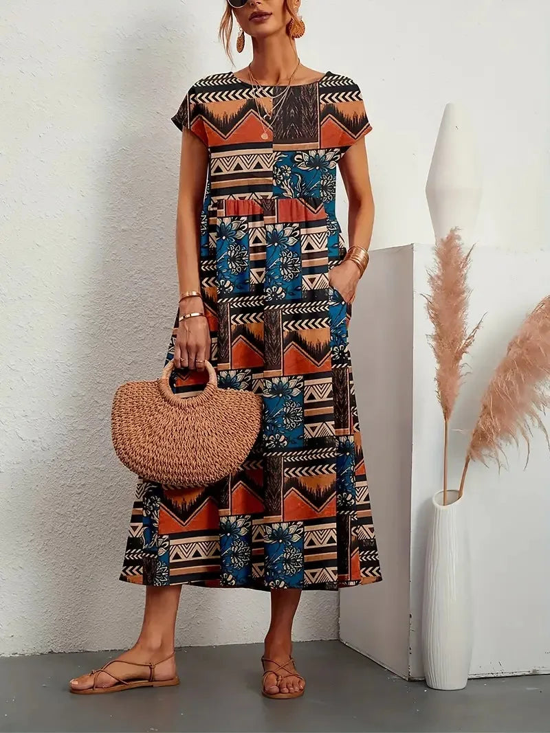 Women’s Floral Boho Midi Dress – A-Line Short Sleeve Cotton Blend Pleated Summer Dress – Casual, Beach & Party – Sizes S–XXL