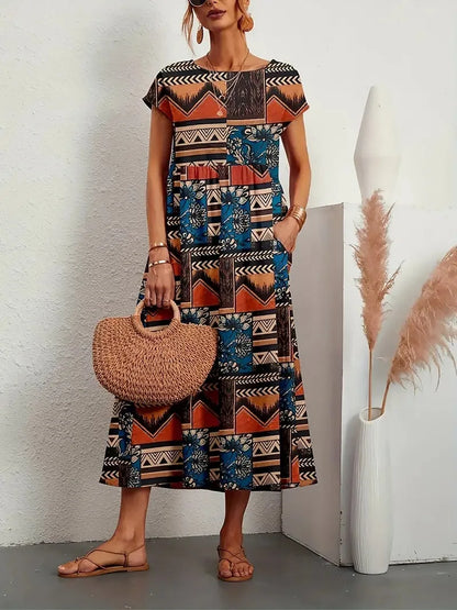 Women’s Floral Boho Midi Dress – A-Line Short Sleeve Cotton Blend Pleated Summer Dress – Casual, Beach & Party – Sizes S–XXL