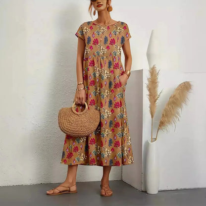 Women’s Floral Boho Midi Dress – A-Line Short Sleeve Cotton Blend Pleated Summer Dress – Casual, Beach & Party – Sizes S–XXL