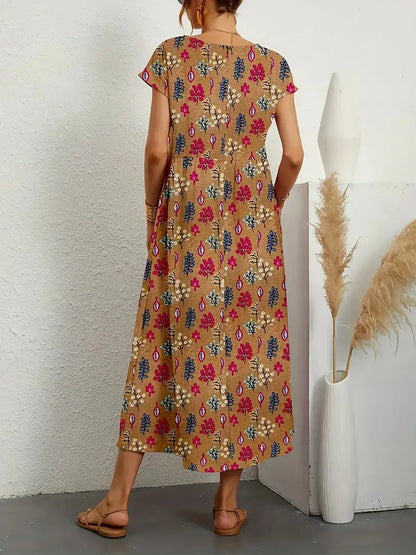 Women’s Floral Boho Midi Dress – A-Line Short Sleeve Cotton Blend Pleated Summer Dress – Casual, Beach & Party – Sizes S–XXL