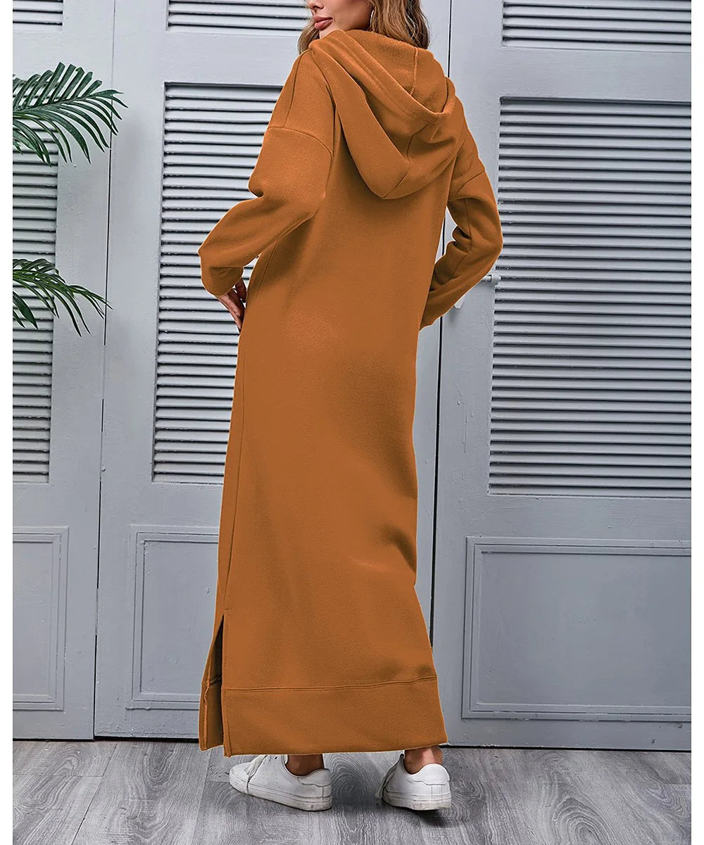 Women's Hoodie Midi Dress – Lace-Up Hem Hooded Sweatshirt Dress – Casual Loose Long Dress for Autumn & Winter