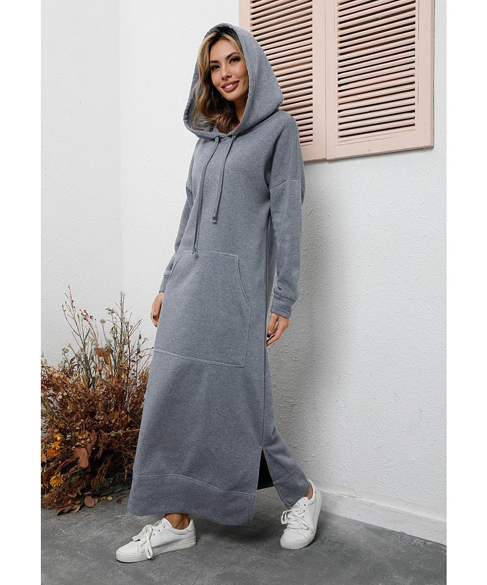 Women's Hoodie Midi Dress – Lace-Up Hem Hooded Sweatshirt Dress – Casual Loose Long Dress for Autumn & Winter