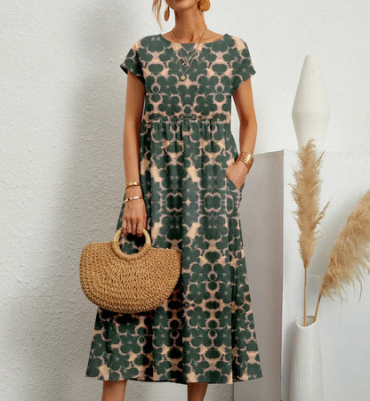 Women’s Floral Boho Midi Dress – A-Line Short Sleeve Cotton Blend Pleated Summer Dress – Casual, Beach & Party – Sizes S–XXL