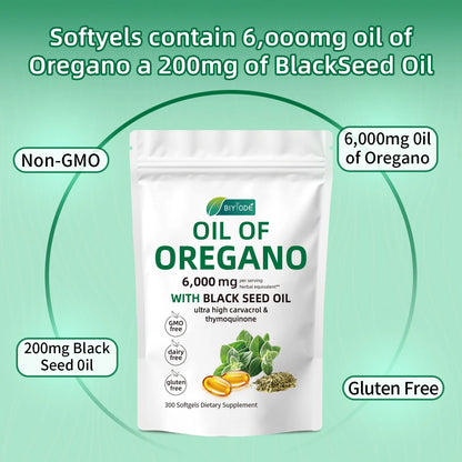 Oil of Oregano 6000mg Softgels with Black Seed Oil – Immune Support, Antioxidant & Fitness Recovery – 300 Softgels