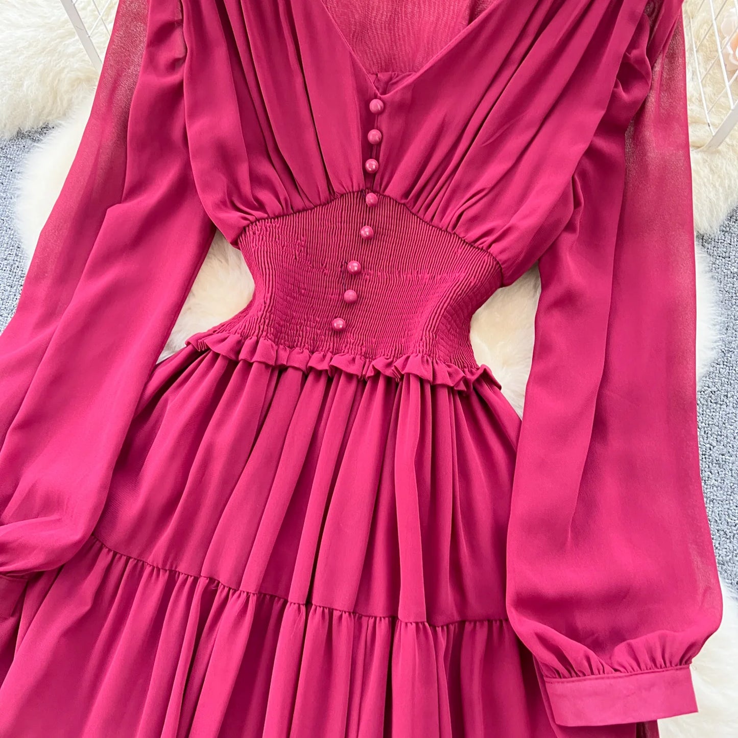Vintage Chiffon Long Dress Women Elegant V-neck Long Sleeved Casual Dresses French Pleated Slim A-line Long Robe Vestidos